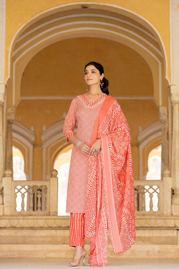 Varanga Women Red V Neck Thread Embroidered Kurta Paired With Printed Bottom And Dupatta