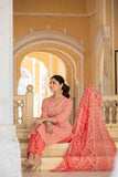 Varanga Women Red V Neck Thread Embroidered Kurta Paired With Printed Bottom And Dupatta