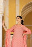 Varanga Women Red V Neck Thread Embroidered Kurta Paired With Printed Bottom And Dupatta