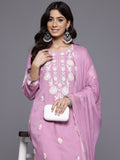 Varanga Women Pink Round Neck Embroidered Kurta With Bottom & Dupatta