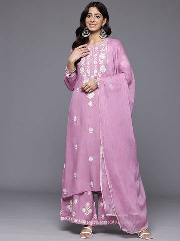 Varanga Women Pink Round Neck Embroidered Kurta With Bottom & Dupatta