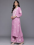 Varanga Women Pink Round Neck Embroidered Kurta With Bottom & Dupatta