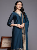 Varanga Women Blue V Neck Zari Embroidered Kurta Set With Dupatta