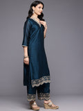 Varanga Women Blue V Neck Zari Embroidered Kurta Set With Dupatta