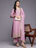 Varanga Women Mauve Round Neck Zari Embroidered Kurta with Tonal Bottom and Dupatta