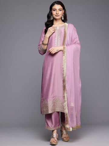 Varanga Women Mauve Round Neck Zari Embroidered Kurta with Tonal Bottom and Dupatta