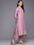 Varanga Women Mauve Round Neck Zari Embroidered Kurta with Tonal Bottom and Dupatta