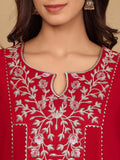 Varanga Women Magenta Embroidered Aline Kurta Paired With Tonal Bottom And Dupatta