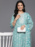 Varanga Women Blue Printed Round Neck Embroidered Kurta Paired With Bottom And Dupatta