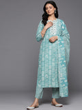 Varanga Women Blue Printed Round Neck Embroidered Kurta Paired With Bottom And Dupatta