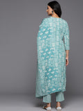 Varanga Women Blue Printed Round Neck Embroidered Kurta Paired With Bottom And Dupatta