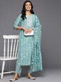 Varanga Women Blue Printed Round Neck Embroidered Kurta Paired With Bottom And Dupatta