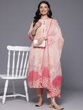 Varanga Women Peach Sciffli Kurta Paired With Tonal Bottom And Printed Dupatta