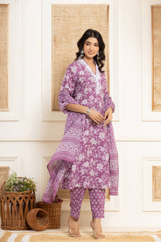 Varanga Women Purple Printed V Neck Kurta Paired With Bottom & Dupatta