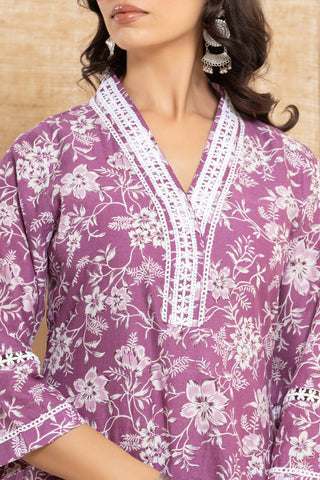 Varanga Women Purple Printed V Neck Kurta Paired With Bottom & Dupatta