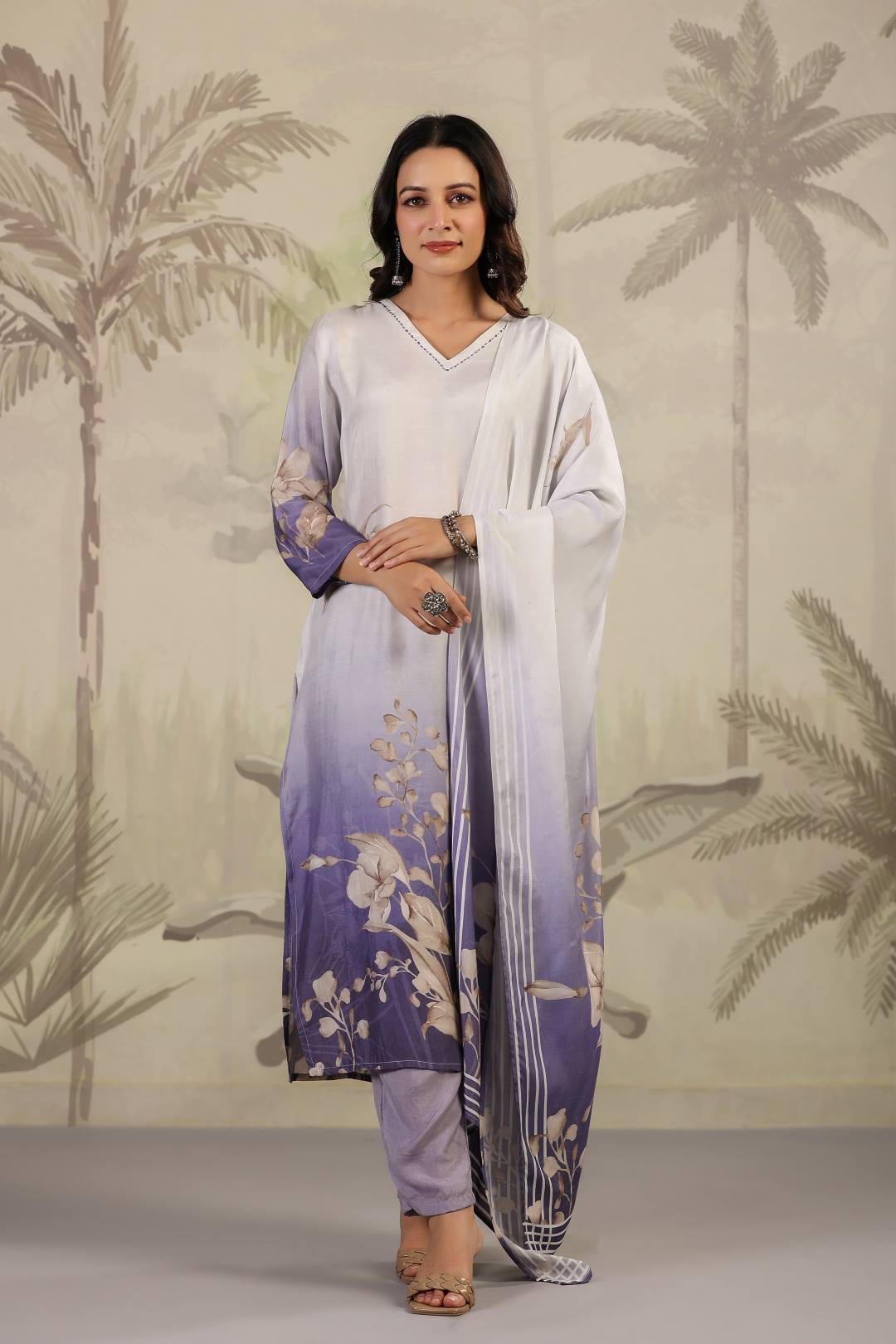 Varanga Women White V Neck Printed Kurta Paired With Bottom And Printed Dupatta