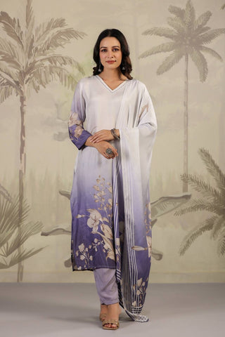 Varanga Women White V Neck Printed Kurta Paired With Bottom And Printed Dupatta
