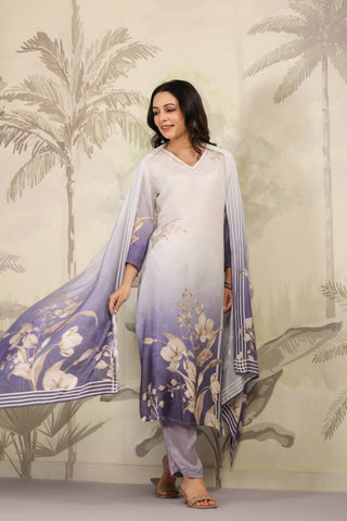 Varanga Women White V Neck Printed Kurta Paired With Bottom And Printed Dupatta