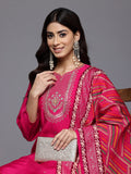 Varanga Women Pink Round Neck Gota And Mirror Embroidered Kurta With Bottom And Printed Dupatta