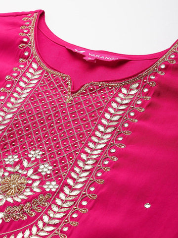 Varanga Women Pink Round Neck Gota And Mirror Embroidered Kurta With Bottom And Printed Dupatta