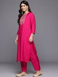 Varanga Women Pink Round Neck Gota And Mirror Embroidered Kurta With Bottom And Printed Dupatta