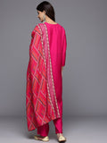 Varanga Women Pink Round Neck Gota And Mirror Embroidered Kurta With Bottom And Printed Dupatta