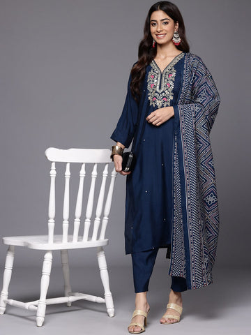 Varanga Women Blue V Neck Yoke Embroidered Straight  Kurta Paired With Bottom And Printed Dupatta