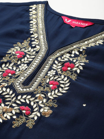 Varanga Women Blue V Neck Yoke Embroidered Straight  Kurta Paired With Bottom And Printed Dupatta