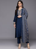 Varanga Women Blue V Neck Yoke Embroidered Straight  Kurta Paired With Bottom And Printed Dupatta