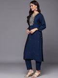 Varanga Women Blue V Neck Yoke Embroidered Straight  Kurta Paired With Bottom And Printed Dupatta