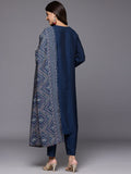 Varanga Women Blue V Neck Yoke Embroidered Straight  Kurta Paired With Bottom And Printed Dupatta