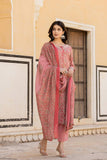 Varanga Women Red Printed Round Neck Straight Kurta With Bottom And Dupatta