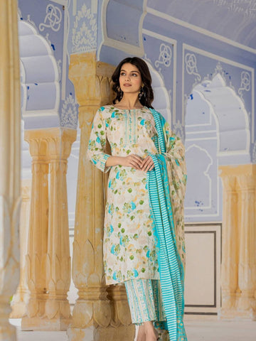 Varanga Women Floral Printed Round Neck Straight Kurta With Printed Bottom And Dupatta