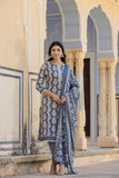 Varanga Women Grey Round Neck Straight Kurta With Bottom And Dupatta