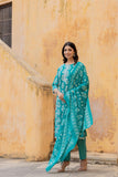 Varanga Women Green Round Neck Straight Kurta With Bottom And Dupatta