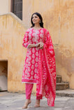 Varanga Women Pink Round Neck Straight Kurta With Bottom And Dupatta