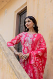 Varanga Women Pink Round Neck Straight Kurta With Bottom And Dupatta