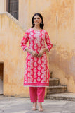 Varanga Women Pink Round Neck Straight Kurta With Bottom And Dupatta