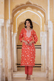 Varanga Women Red Printed Round Neck Straight Kurta With Bottom And Dupatta