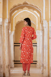 Varanga Women Red Printed Round Neck Straight Kurta With Bottom And Dupatta