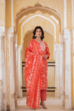 Varanga Women Red Printed Round Neck Straight Kurta With Bottom And Dupatta