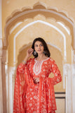 Varanga Women Red Printed Round Neck Straight Kurta With Bottom And Dupatta