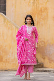 Varanga Women Pink Printed Round Neck Straight Kurta With Bottom And Dupatta