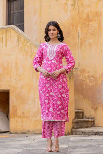 Varanga Women Pink Printed Round Neck Straight Kurta With Bottom And Dupatta