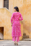 Varanga Women Pink Printed Round Neck Straight Kurta With Bottom And Dupatta