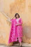 Varanga Women Pink Printed Round Neck Straight Kurta With Bottom And Dupatta