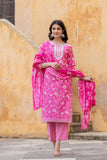 Varanga Women Pink Printed Round Neck Straight Kurta With Bottom And Dupatta