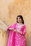 Varanga Women Pink Printed Round Neck Straight Kurta With Bottom And Dupatta