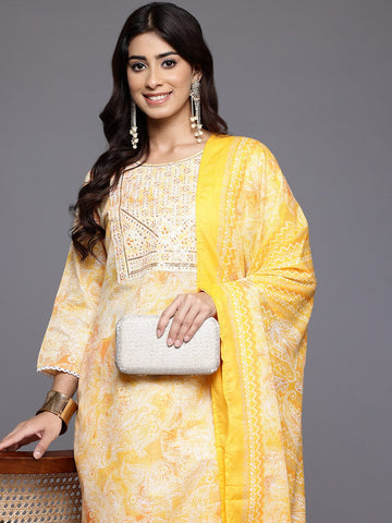 Varanga Women Yellow Printed Round Neck Yoke Embroidered Straight Kurta With Bottom And Dupatta