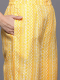 Varanga Women Yellow Printed Round Neck Yoke Embroidered Straight Kurta With Bottom And Dupatta